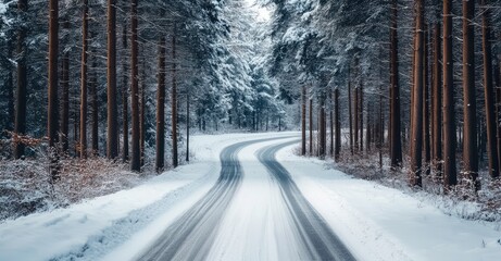 Obraz premium Winter Forest Road View. AI generated illustration.