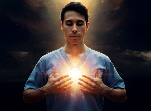 High resonant white light, healing energy. Man with hands open at chest level perceives a multicolored shimmering paranormal energy field.