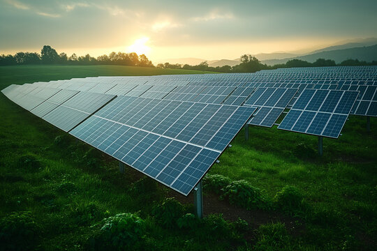 Solar panels farm. Concept eco green renewable energy.