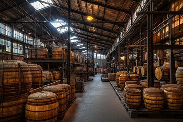 Fototapeta premium Aged wine barrel in warehouse, Selective focus wooden barrel with liquor fermentation in storage room. 