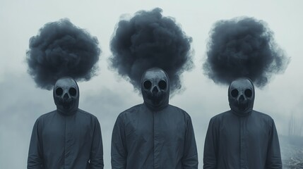 Three enigmatic figures with skull masks and cloudy hair symbolize mystery, darkness, and the surreal aspects of contemporary art.
