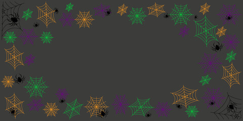 Halloween holiday party web background for horror night decorations, vector poster. Halloween party and paper confetti with orange, green, purple web and black spiders.