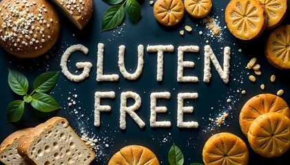 Buns, bread and cookies with the inscription gluten. Gluten banner, background. Proper nutrition and health background. Gluten free