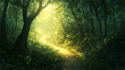 Fototapeta premium A path winding through a dense forest, dappled sunlight filtering through the leaves.