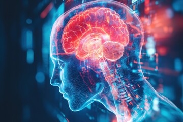 Digital representation of a human brain surrounded by technology in a futuristic setting