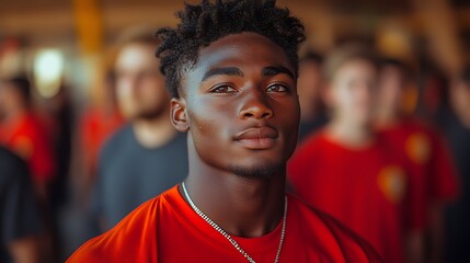 A high school senior firefighter flexes in a tight t-shirt during gym class, his muscles popping out. Onlookers admire his swagger and diamond jewelry, captured in ultra-wide angle with cinematic