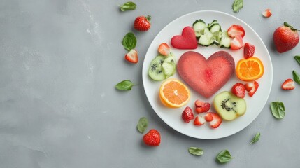 A colorful fruit platter arranged in a heart shape, promoting healthy eating and love.