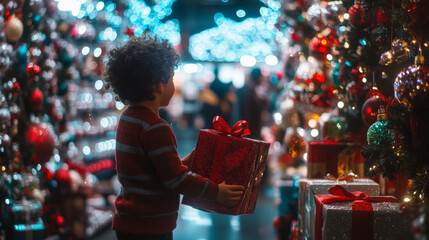 Child holding gift box in festive christmas store display