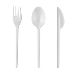 Set of plastic disposable tableware - knife, spoon, fork, isolated on white background..