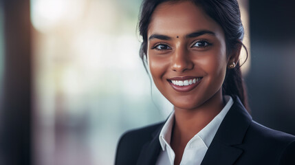 Fototapeta premium A close-up portrait of a smiling Indian woman in a professional blazer, radiating confidence and approachability.