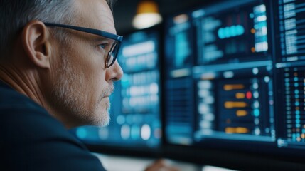 Fototapeta premium A focused professional analyzes data on multiple monitors in a modern office environment during business hours