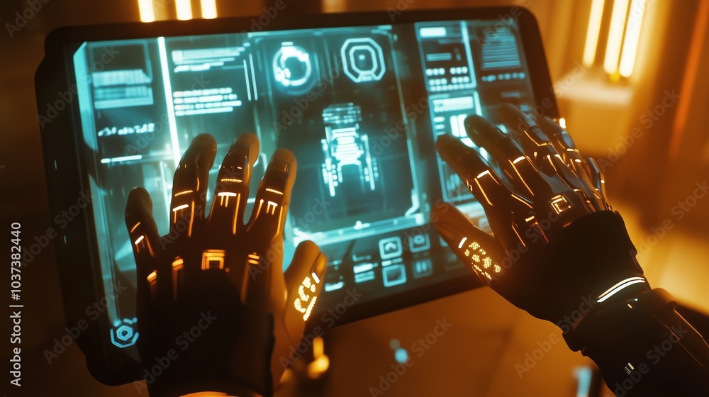 Poster hands engage with advanced digital screen. futuristic tech ambiance with glowing holograms and inter