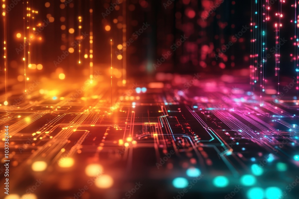 Poster vibrant digital circuitry illuminated with colorful lights at night displaying advanced technology