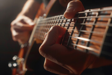 A musician skillfully strums a guitar, focusing intently on the strings while an intimate...