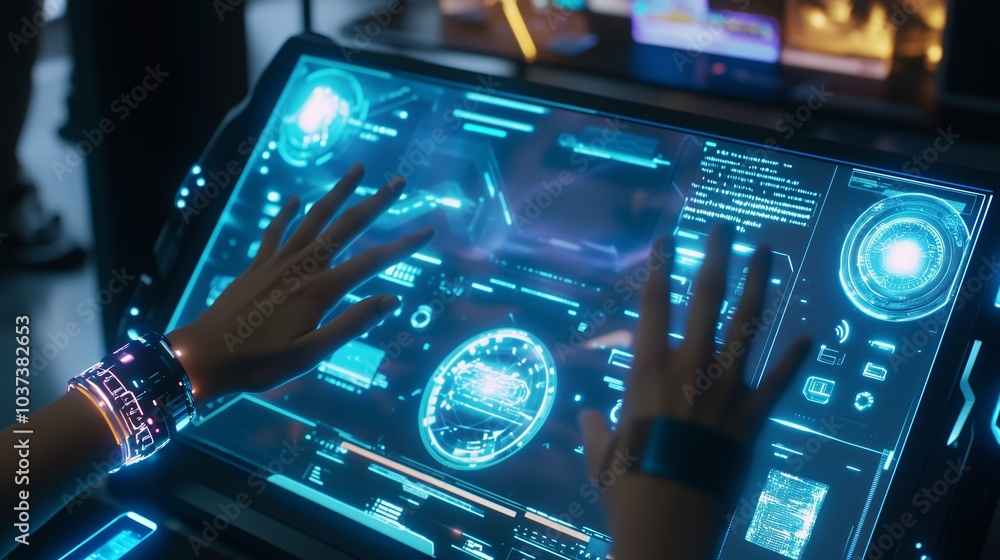 Aufkleber hands engage with advanced digital screen. futuristic tech ambiance with glowing holograms and inter