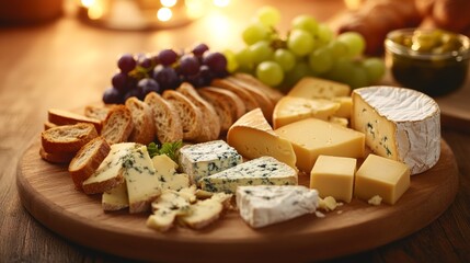 A mouthwatering cheese platter showcasing an assortment of aged cheddar, creamy brie, and tangy blue cheese