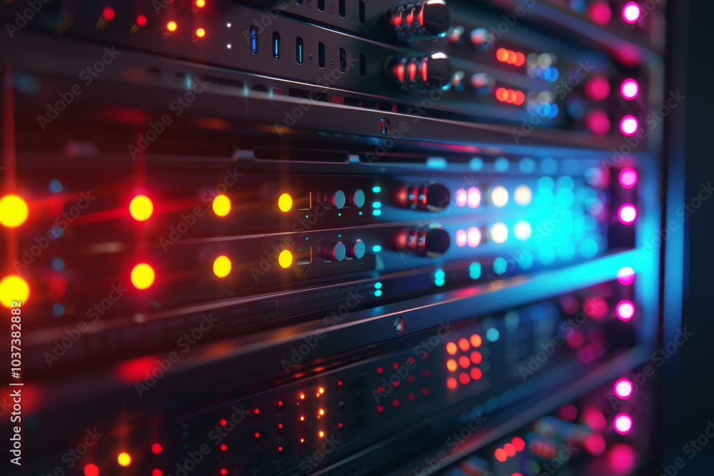 Poster vibrant lights blink on and off from multiple server racks in a data center, highlighting the techno