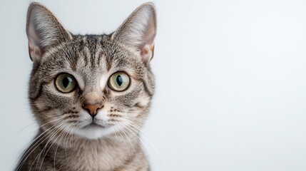 Obraz premium Cute pet with American shorthair cat isolated on white background, background of goods for cats, veterinary services