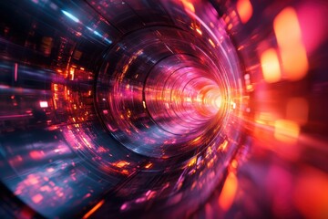 Obraz premium Vibrant abstract tunnel with glowing lights showcasing a futuristic digital landscape
