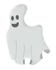 Cute smiling ghost illustration with textured effect isolated on white background. vector Halloween illustration in flat style. Perfect for stickers