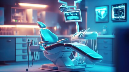 Image for a dental clinic website, advertising dentist services. The high tech dental chair positioned at the center, surrounded by sleek, state-of-the-art dental equipment.