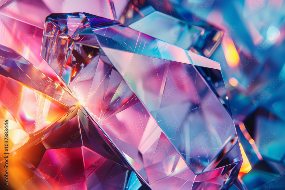 Poster brilliantly colored crystals emit a spectrum of light as they are arranged haphazardly, creating a m