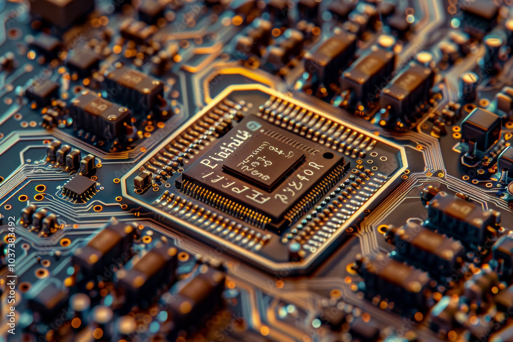 Poster a close-up view reveals the intricate design of a circuit board filled with numerous electronic comp