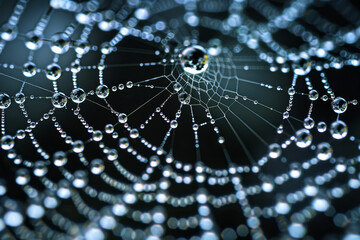 Obraz premium A finely woven spider web glistens with dew droplets, reflecting light as morning breaks in a quiet forest, showcasing nature's intricate beauty and artistry