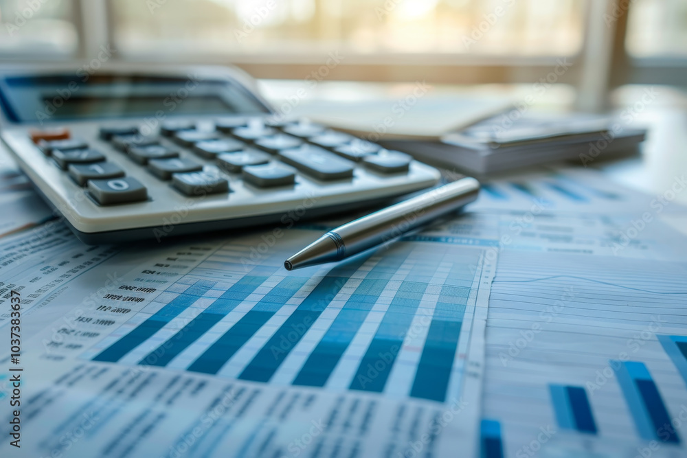 Poster a calculator sits next to a pen on a table covered with financial reports and charts, indicating an 