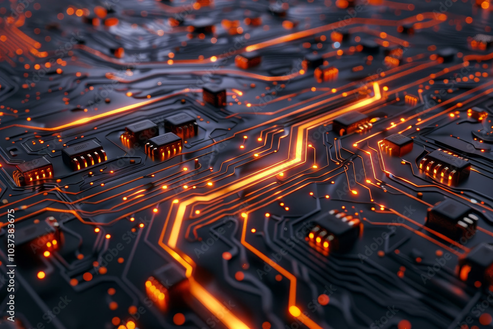 Poster a detailed view of a circuit board featuring glowing orange pathways and multiple electronic compone