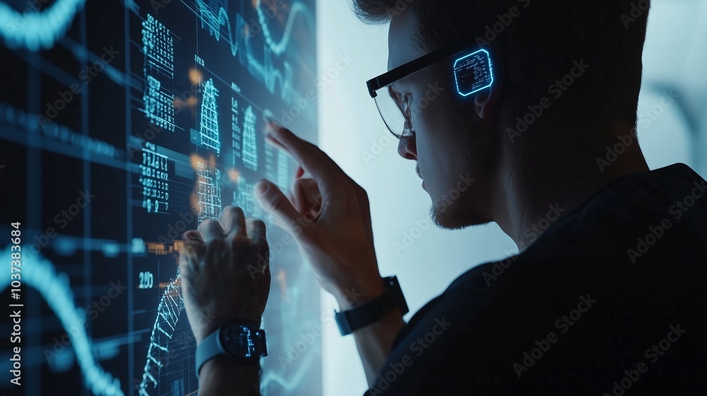 Poster a man engages with a futuristic digital holographic display, exploring concepts of innovation and te