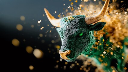 Obraz premium Dynamic 3D rendering of a green bull with golden particles on a dark background, symbolizing strength and prosperity in financial markets.