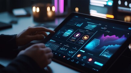 A user interacts with a digital data dashboard on a tablet, displaying graphs and analytics, in a tech environment.