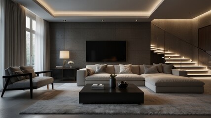 Fototapeta premium living room with elegance and diversity of modern gray color palette. The sofa is upholstered in a luxurious gray fabric. The minimalist design of the room evokes a sense of calm and sophistication.