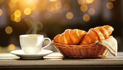Café chaud et croissants sur un bar, le matin