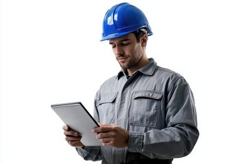 Male construction worker wearing a blue hard hat and overalls, using a digital tablet,isolated against white background. Ideal for concepts of construction technology, and industrial innovation.