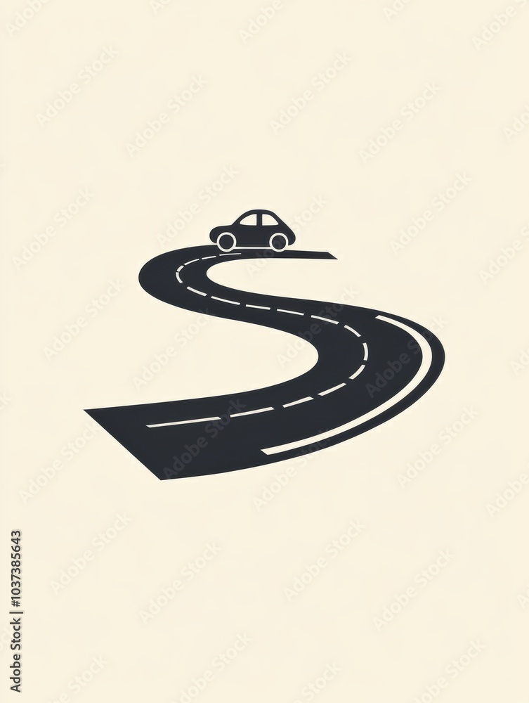 Poster a sleek car navigates a curvy road, emphasizing simplicity and modern aesthetics in a minimalist sty