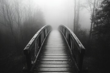 Wooden footbridge disappearing into the fog, soft light at the horizon, eerie but peaceful atmosphere, surrounded by dense trees