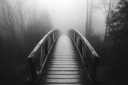 Wooden footbridge disappearing into the fog, soft light at the horizon, eerie but peaceful atmosphere, surrounded by dense trees