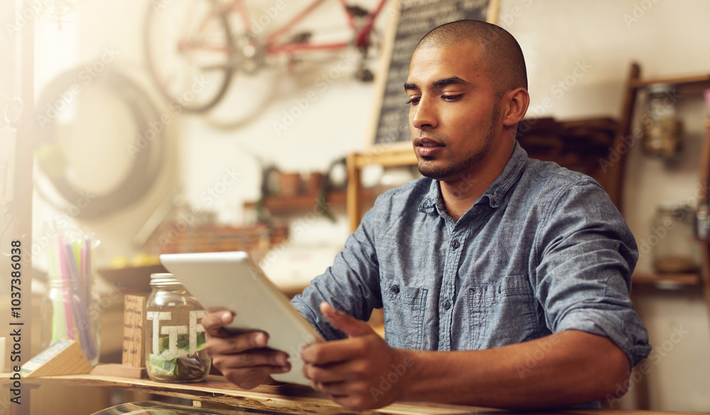 Poster business owner, cafe and man with tablet, service and internet with connection, email and network. p