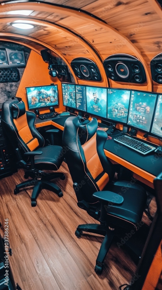 Poster modern open-plan office with trendy design elements for focused game graphics testing