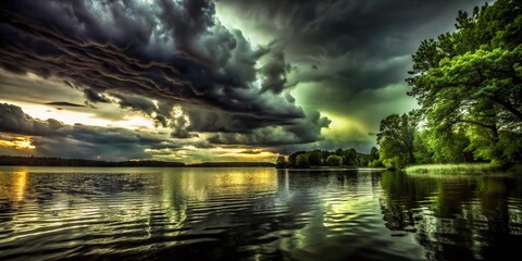 Fototapeta premium Stormy Lake Landscape with Menacing Clouds and Ethereal Glow Over Water