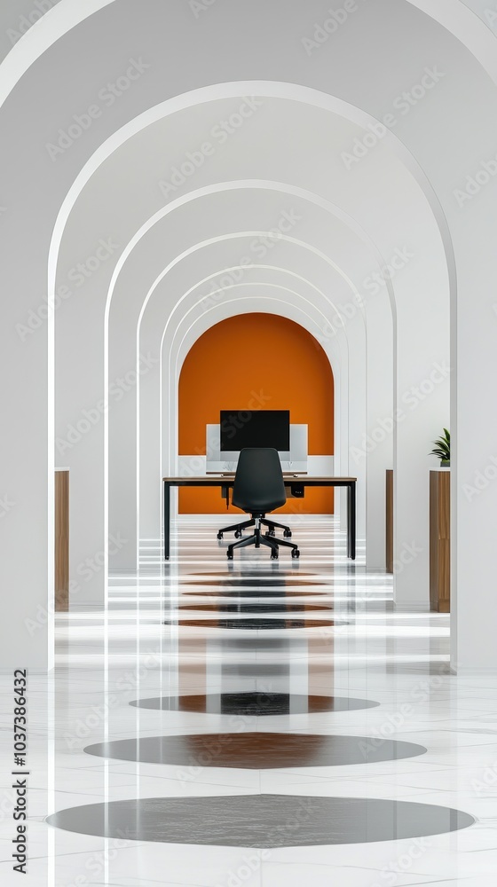 Poster futuristic open-plan office with minimalist design and bright lighting for game graphics testing