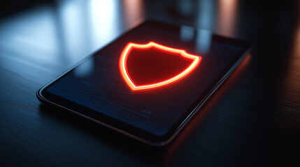 Glowing red shield icon on dark background, symbolizing cybersecurity and data protection with modern high-tech security measures and digital defense systems