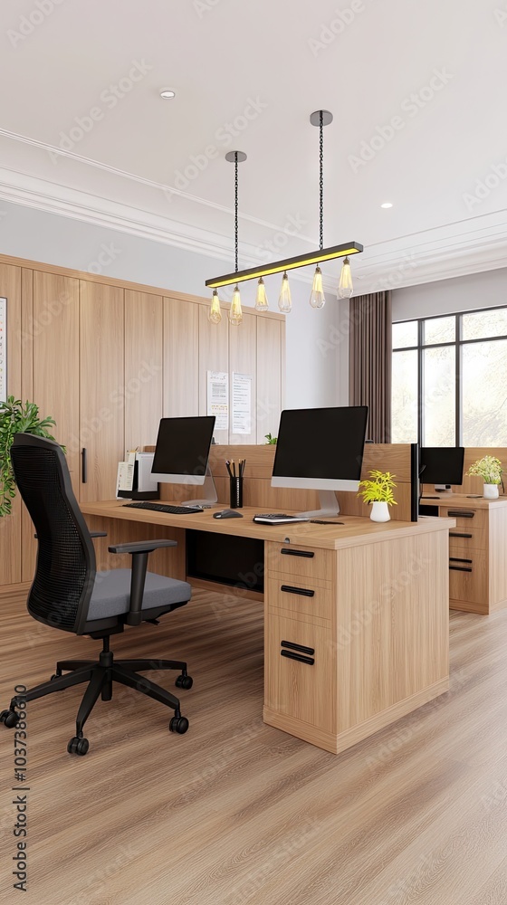 Poster modern open-plan office with minimalist design, bright lighting, and computer workstations for game 