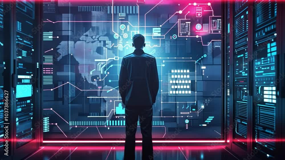 Aufkleber Standing in a futuristic server room, an individual gazes at vibrant digital displays showcasing complex data visualizations that include a world map.