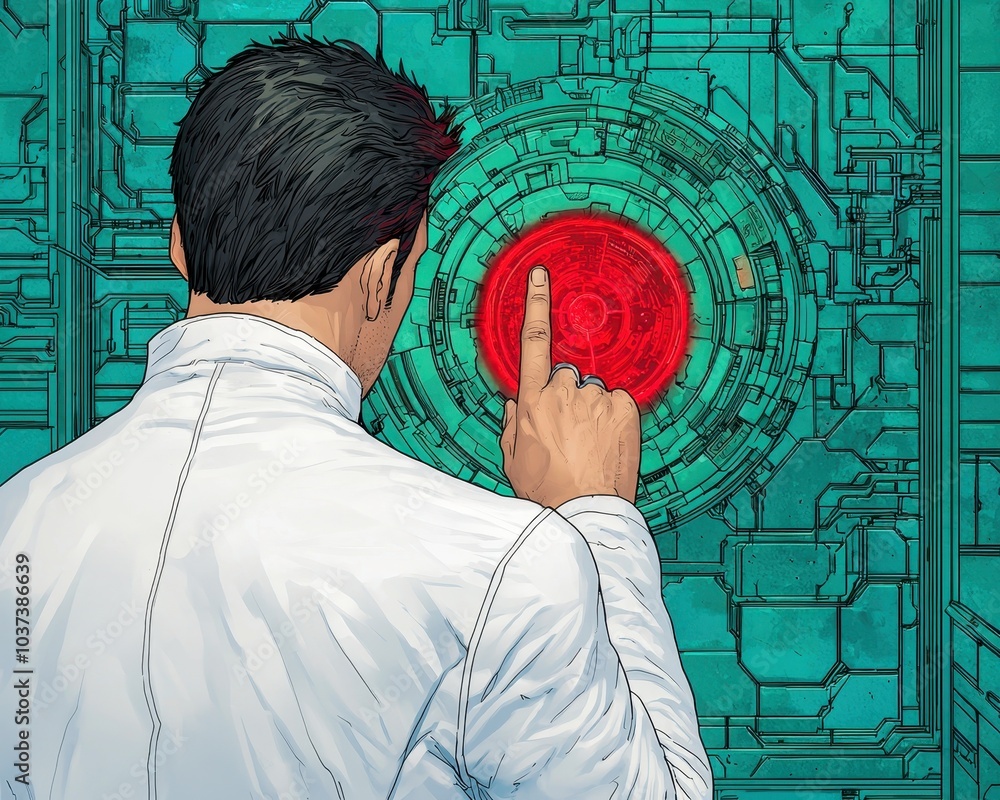 Poster a scientist in a lab coat interacting with a digital interface, focusing on innovation and technolog