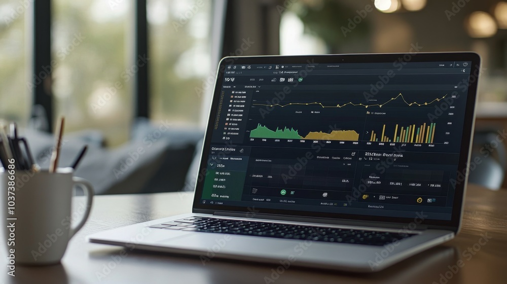 Aufkleber modern laptop displaying financial data on table