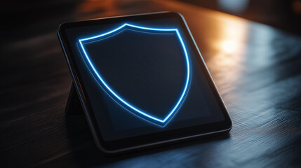 Blue glowing shield icon on dark background, representing advanced cybersecurity measures and digital protection for data safety in the modern technology world