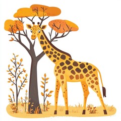 Fototapeta premium A playful giraffe standing beside a tree in a vibrant autumn landscape, showcasing natural beauty and wildlife.